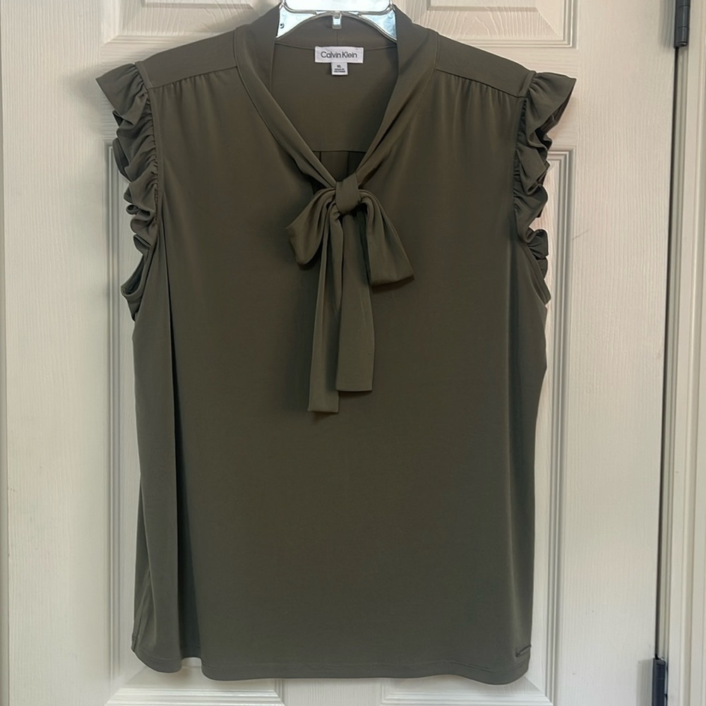 Calvin Klein - Women's Olive Green Ruffle Sleeve Top